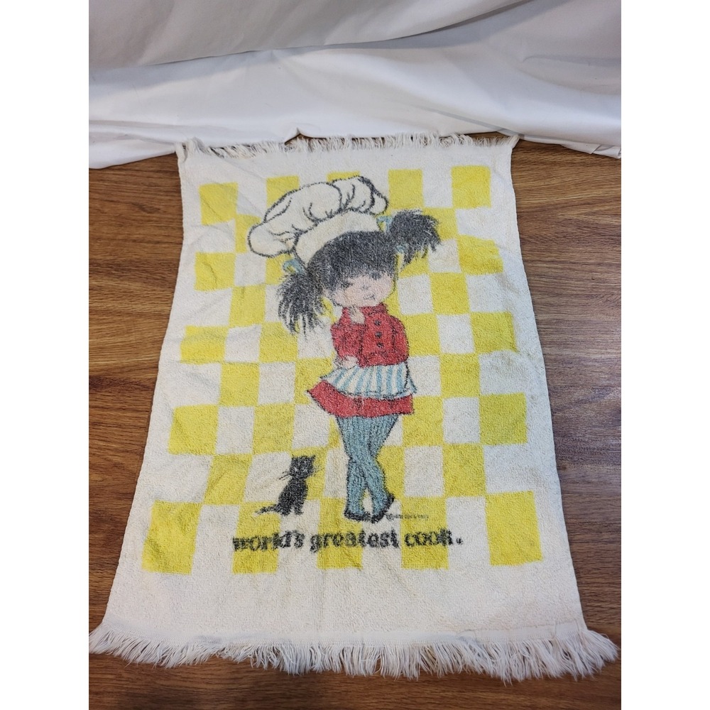 Vintage Kitchen Hand Towel Kitsch "Worlds Greatest Cook" Girl Chef Black Cat